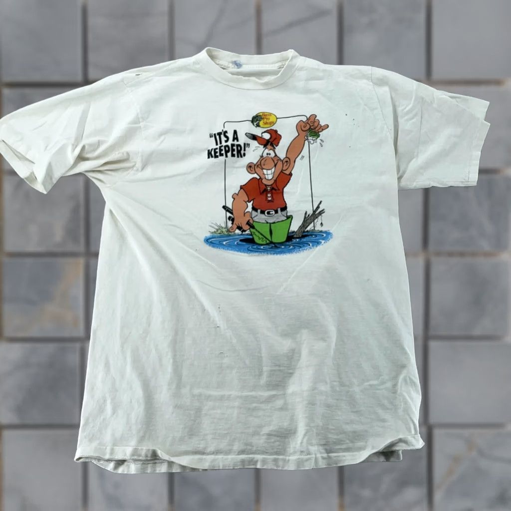 Vintage Trashed Vintage Bass Pro Shops Shirt M/L Fishing Cartoon It's A Keeper Joke Tee Mens White Crew Neck Short Sleeve Graphic Print Fun Size US M / EU 48-50 / 2 - 1 Thumbnail
