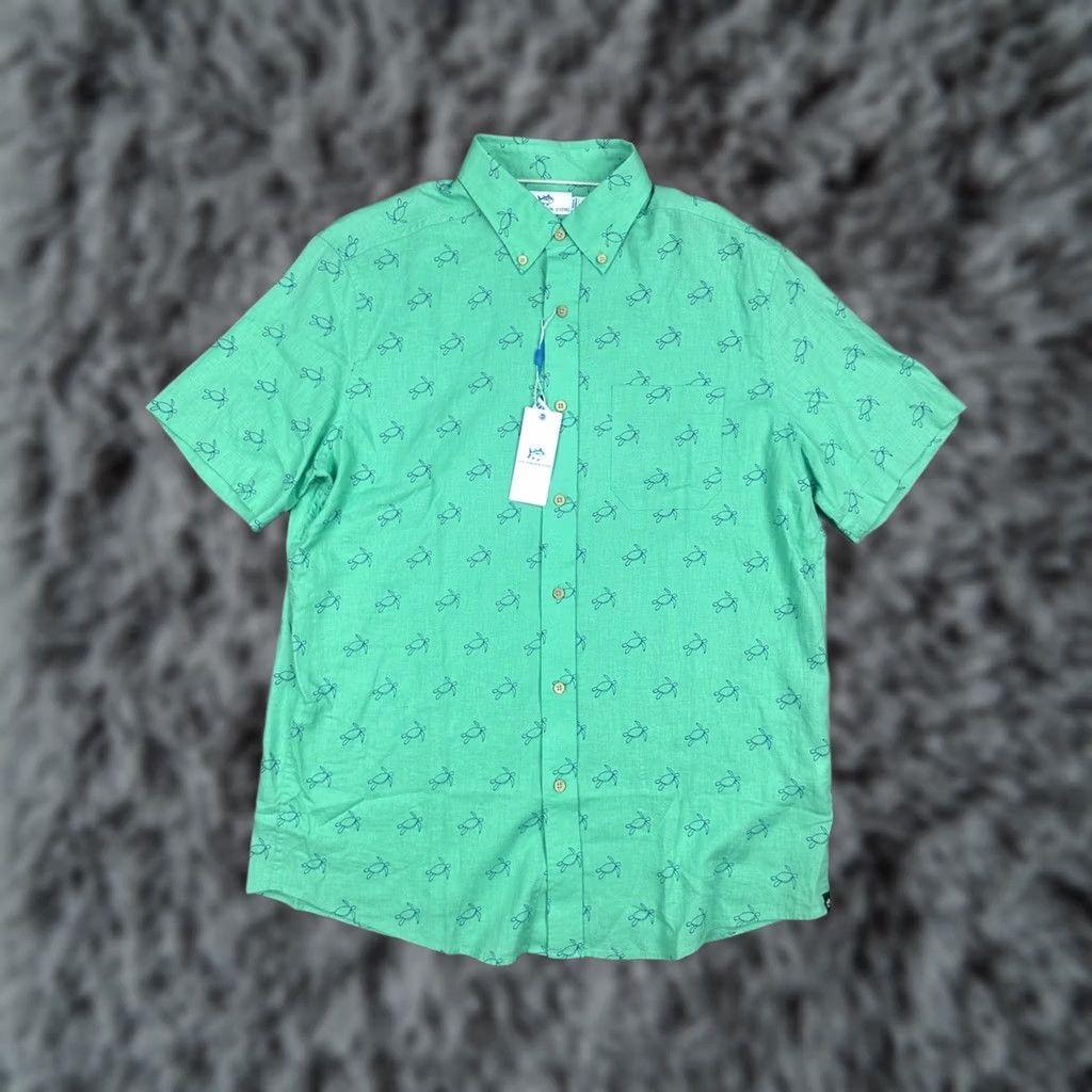 Southern Tide Southern Tide Linen Blend Turtle Cove Short Sleeve Sport Button Down - M Jade Green Men Shirts Mens Size US 31 - 1 Thumbnail