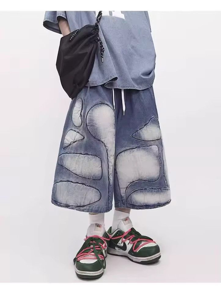 Other Distressed Patchwork Wide Leg Denim Hip Hop Shorts Size US 30 / EU 46 - 1 Thumbnail