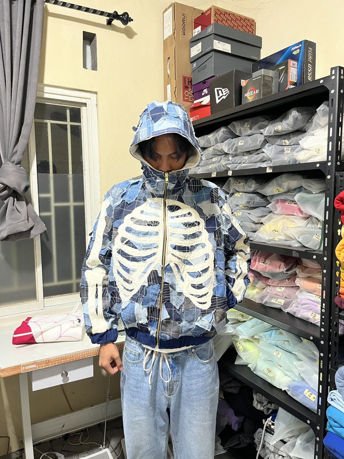 Japanese Brand Kapital Style Boro Sashiko Skeleton Zip Denim Jacket Size US L / EU 52-54 / 3 - 6 Thumbnail