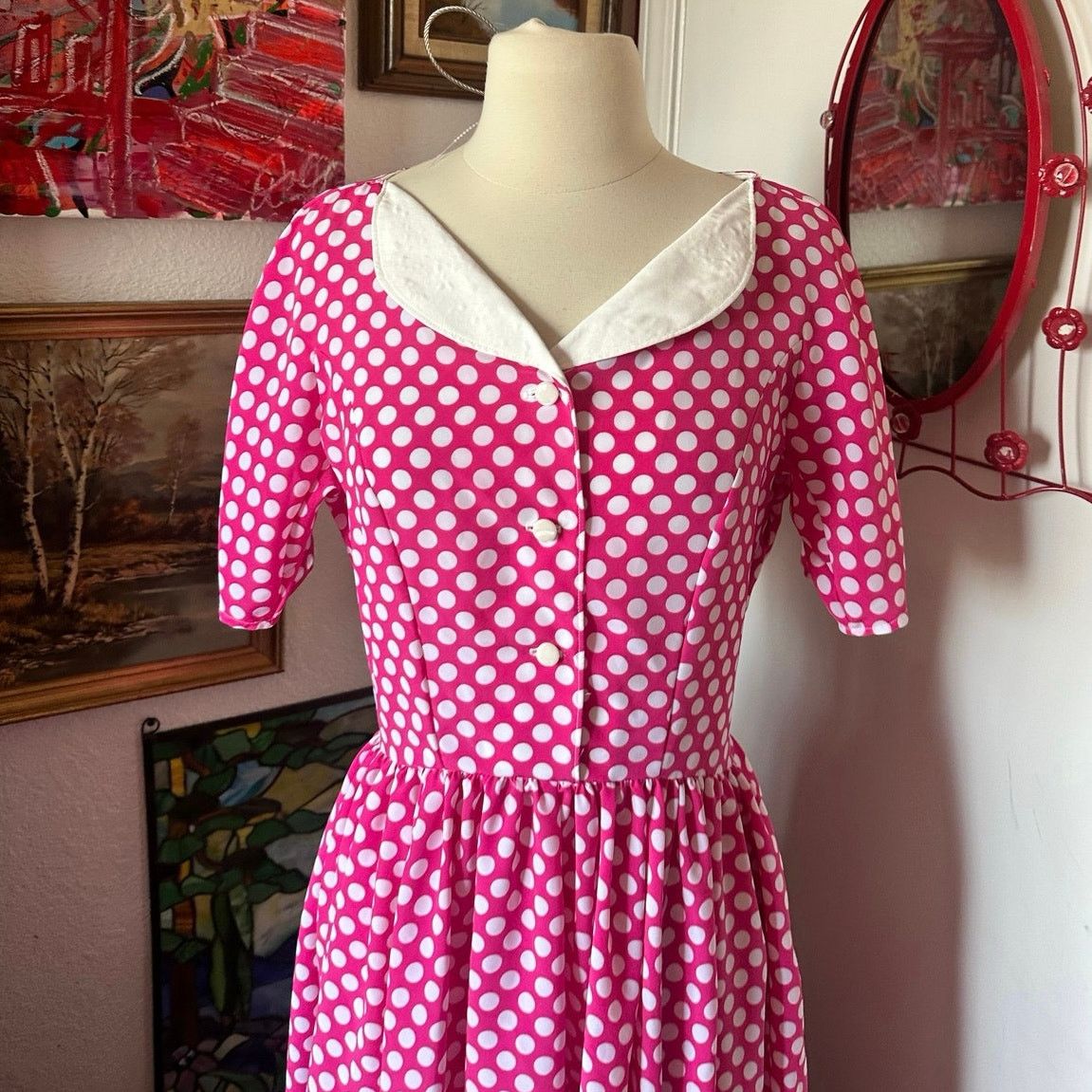 Handmade handmade pink white polka dot button up dress costume Size M / US 6-8 / IT 42-44 - 2 Thumbnail