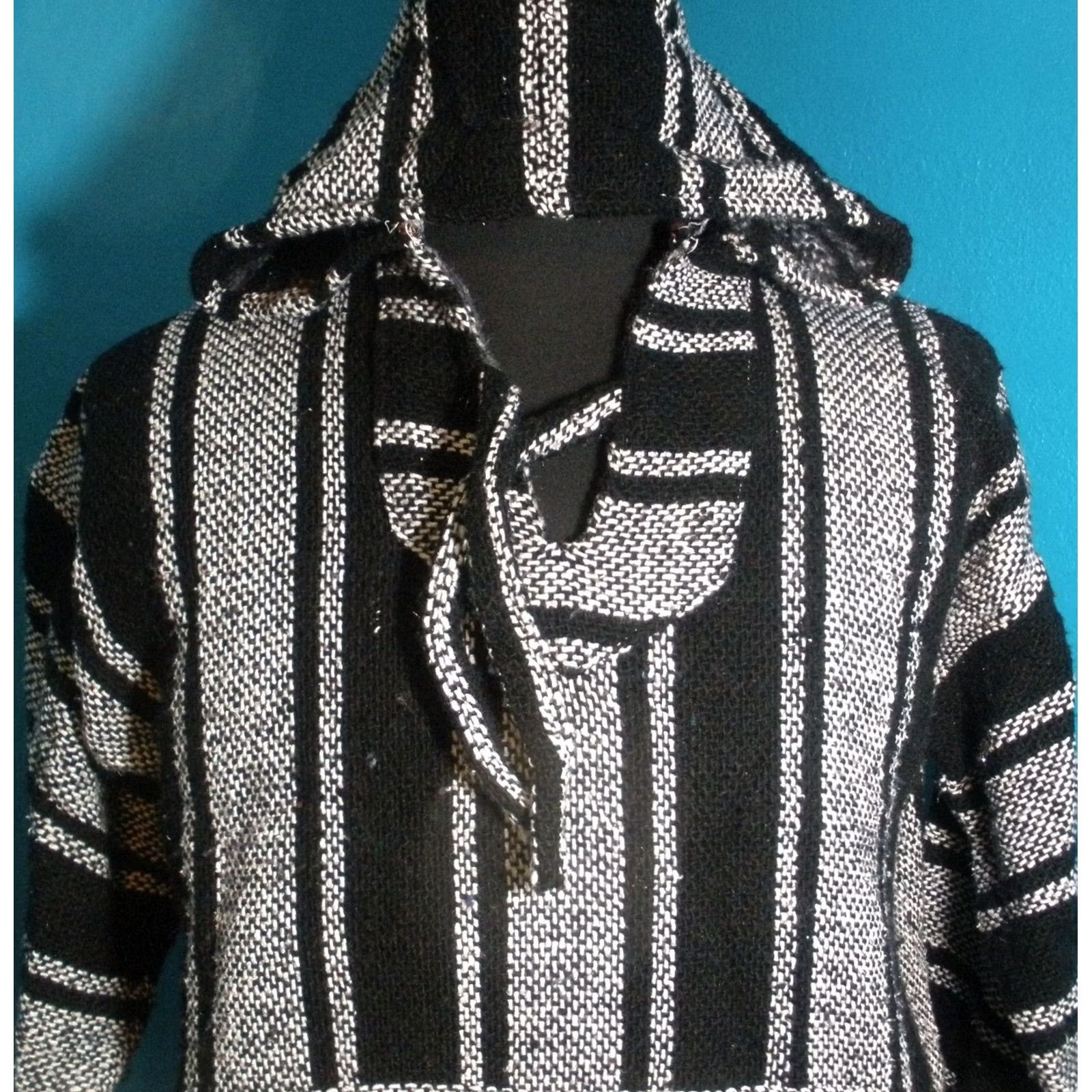 Vintage Hoodie Pullover Poncho Adult S/M Black Knit Drawstring Hooded Pocket Baja Hippie Hipster Surfer Skater Style Size US S / EU 44-46 / 1 - 2 Thumbnail