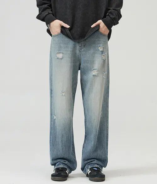 VIBE Men's straight wide-leg vintage washed ripped baggy jeans Size US 32 / EU 48 - 7 Thumbnail