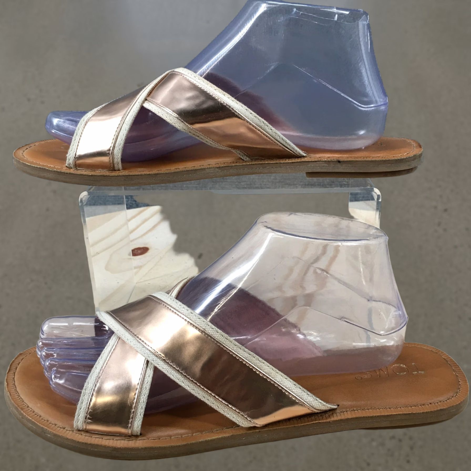 Toms TOMS Sandals Womens 9.5 Slide Crisscross Straps Slip on Flats Rose Gold Tan Shoes Womens Slide 9.5 Gold Tan Size US 10 / IT 40 - 1 Thumbnail