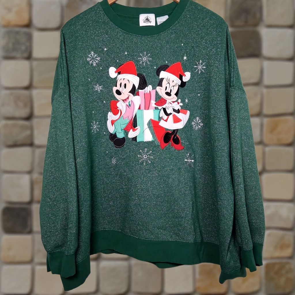 Vintage Disney Parks Authentic Glitter Mickey Minnie Sweatshirt Women Plus Size 3X Green Metallic Cotton Size XXL / US 16-18 / IT 52-54 - 1 Thumbnail
