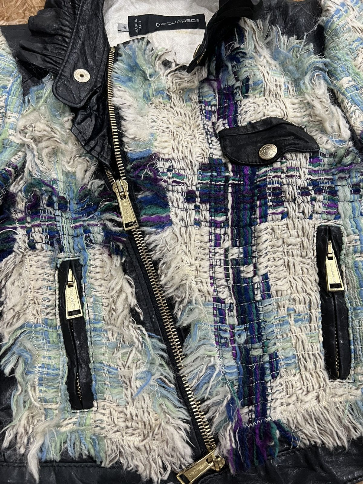 Dsquared2 DSQUARED² Archival Mixed-Media Tweed & Leather Moto Jacket Size US XXS / EU 40 - 10 Thumbnail