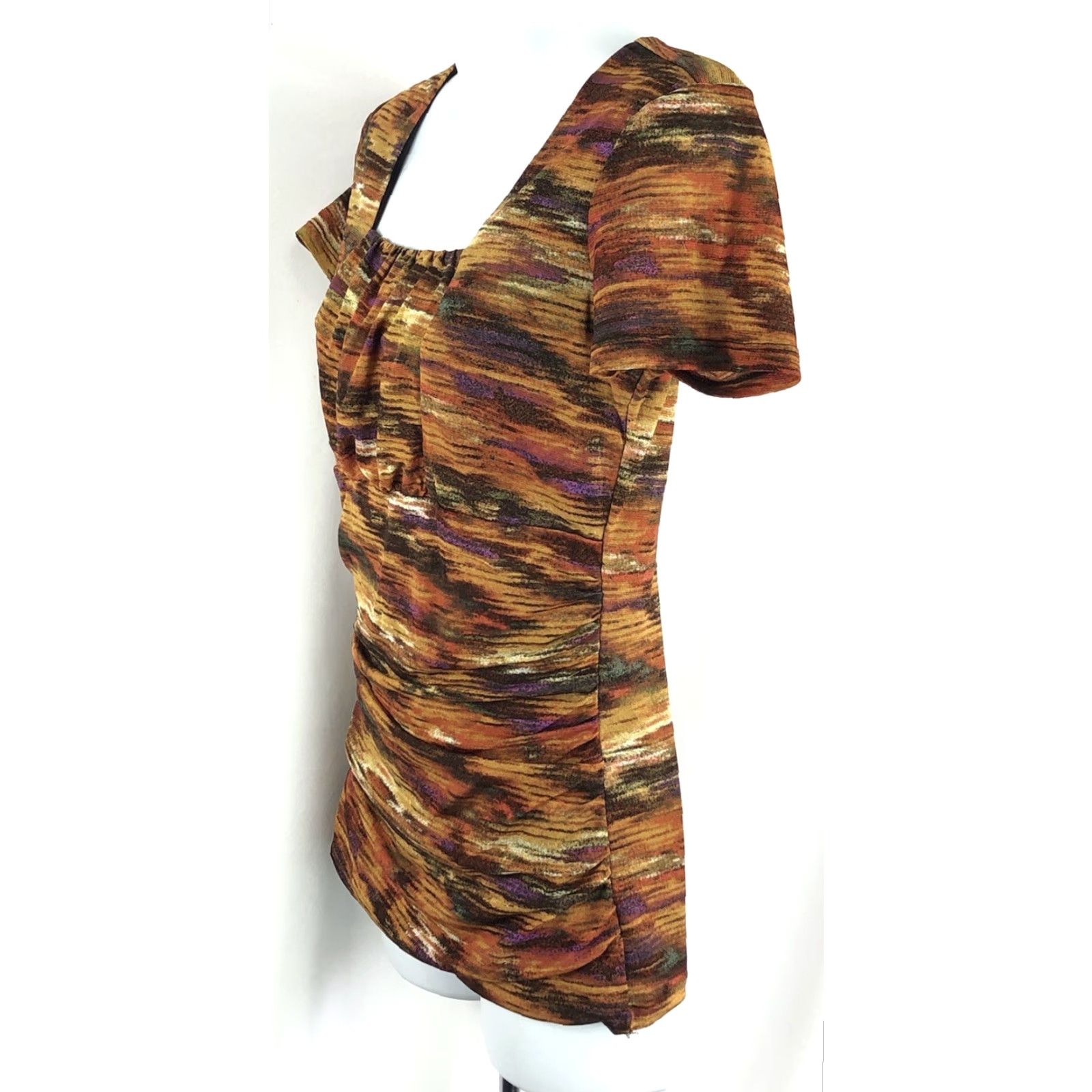 Style & Co Style & Co Top M Multi Retro Grunge Geometric Ruched Square Neck Stretch Blouse Short Sleeve Casual Shirt Womens M Multicolor 70s Colorful Size M / US 6-8 / IT 42-44 - 2 Thumbnail