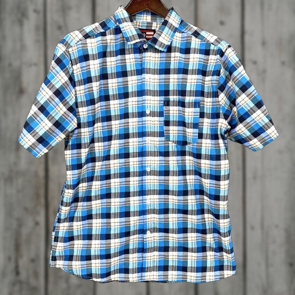 Phat Farm VINTAGE Phat Farm Shirt Mens L Short Sleeve Plaid Blue Cotton Blend Button-Up Casual Hip Hop Retro 90s Mens Shirt Size US L / EU 52-54 / 3 - 1 Thumbnail