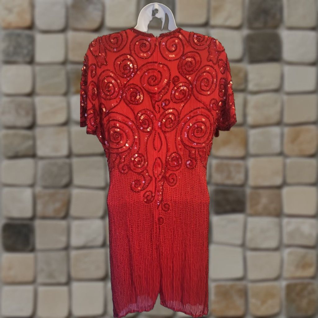 Vintage VINTAGE Niteline Red Beaded Silk Cocktail Dress Sequin Flapper 1980s 6 Mens Womens Girls? Size M / US 6-8 / IT 42-44 - 1 Thumbnail
