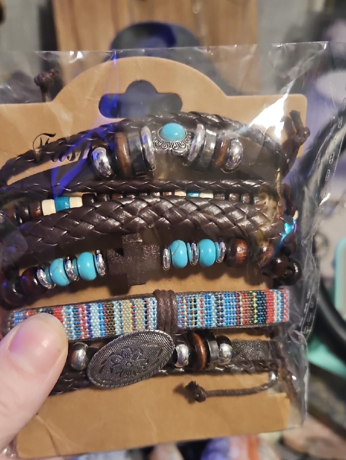 Other Boho Multi-Strand Brown Leather & Turquoise Bracelet Set Size ONE SIZE - 1 Thumbnail