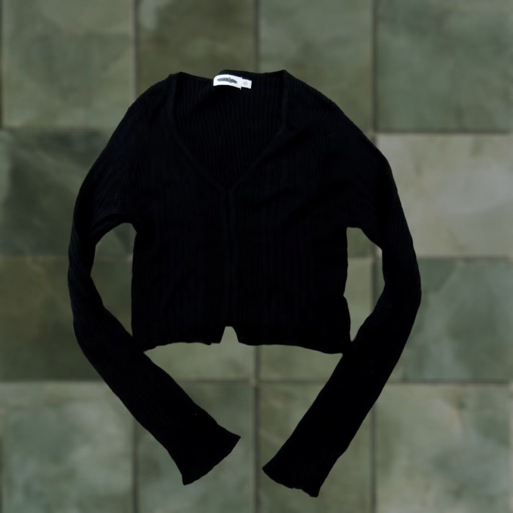 Calvin Klein Calvin Klein Top Womens Large Black Ribbed Long Sleeve Stretch V-Neck Casual Shirt Size M / US 6-8 / IT 42-44 - 1 Thumbnail