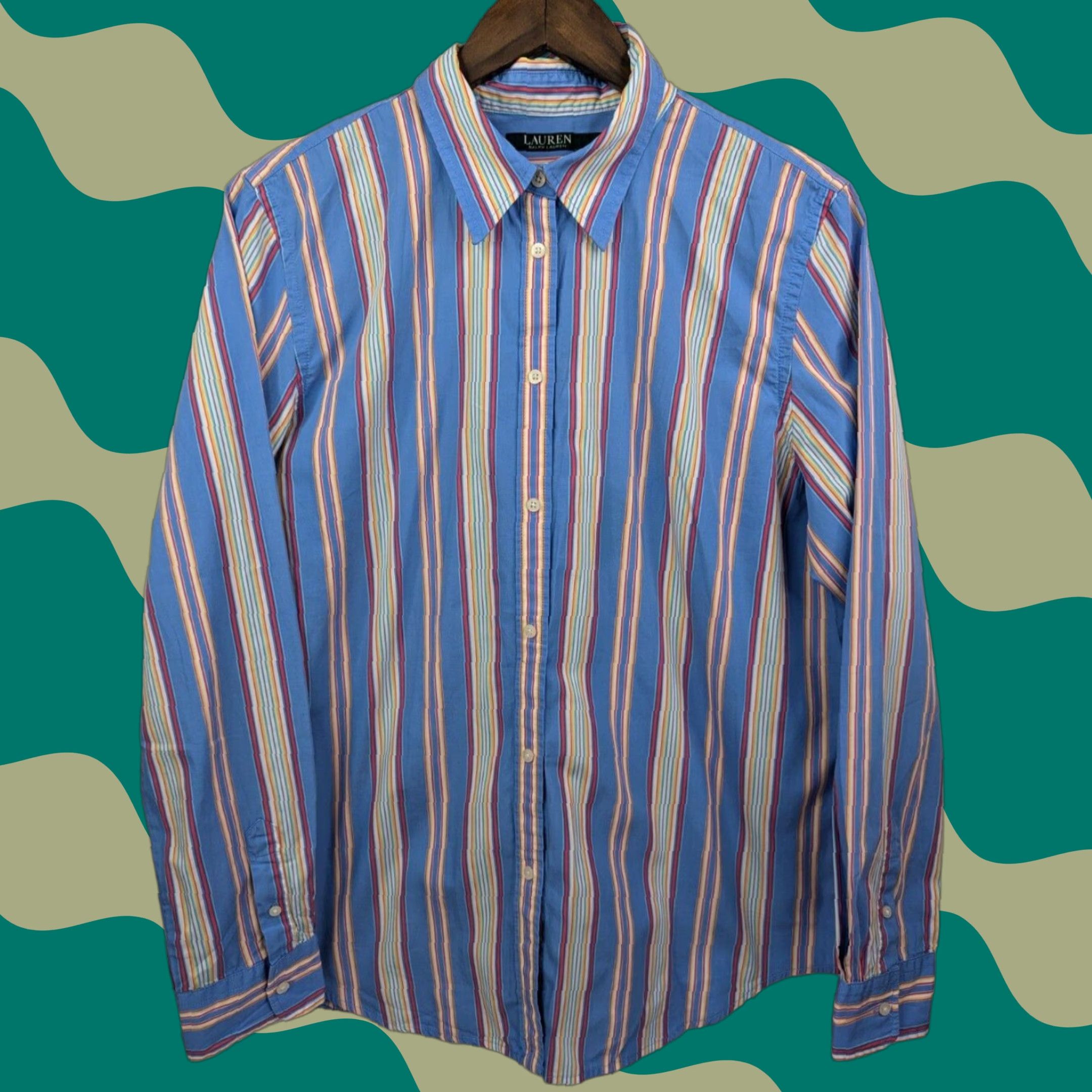 Ralph Lauren Lauren Ralph Lauren Womens Shirt Long Sleeve Button Blue Colorful Stripe 16 Regular Knit 100% Cotton Button-Up Casual All Seasons Womens Size XXL / US 16-18 / IT 52-54 - 1 Thumbnail