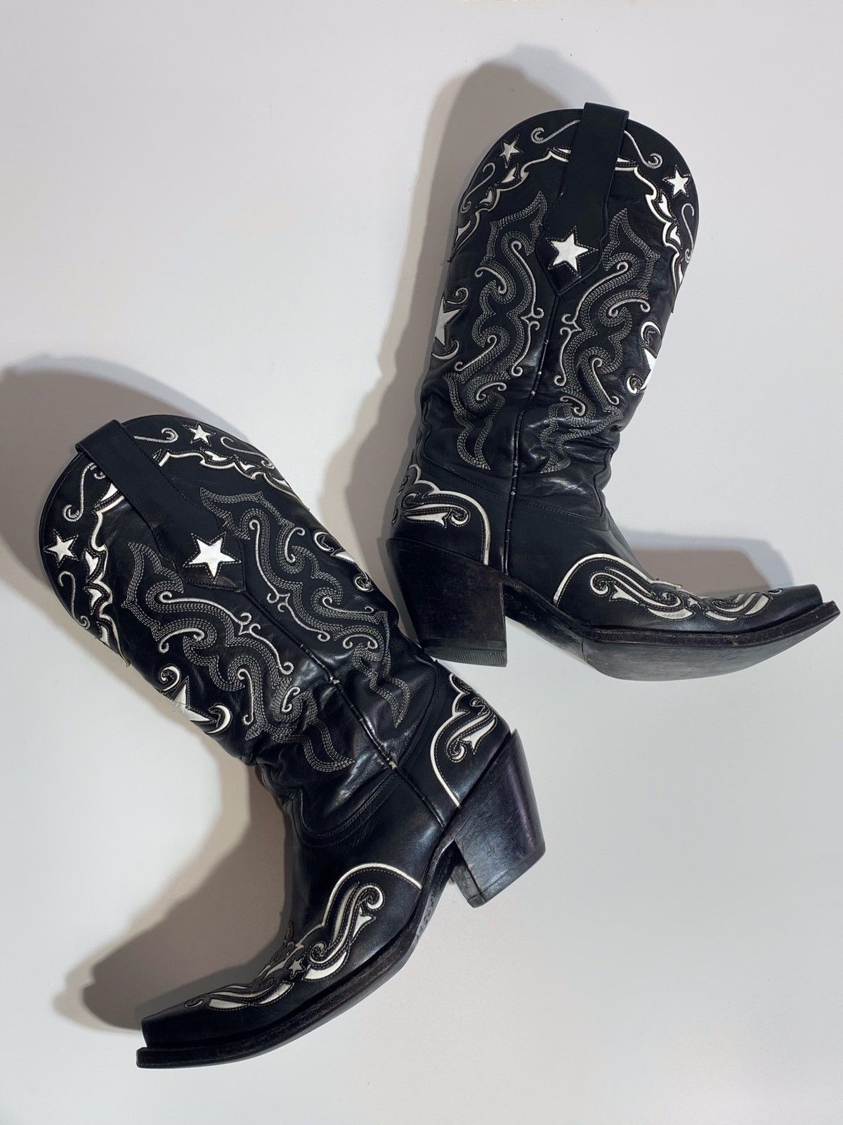 Genuine Leather 🔥 Y2K BLACK STAR COWBOY BOOTS MEXICO STAR EMBROIDERY WESTERN Size US 7 / EU 40 - 9 Thumbnail