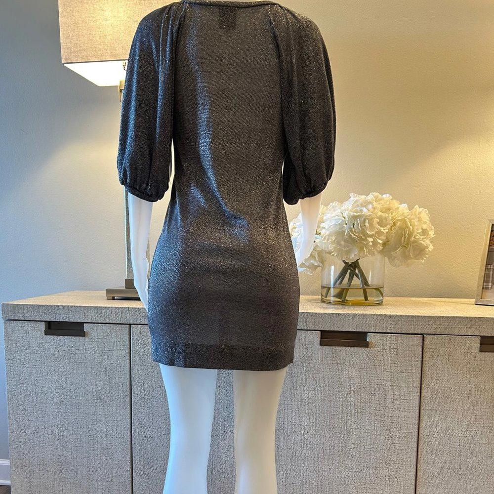 Designer Karlie Silver Metallic Mini Dress with Puffed Sleeves Size S / US 4 / IT 40 - 8 Thumbnail