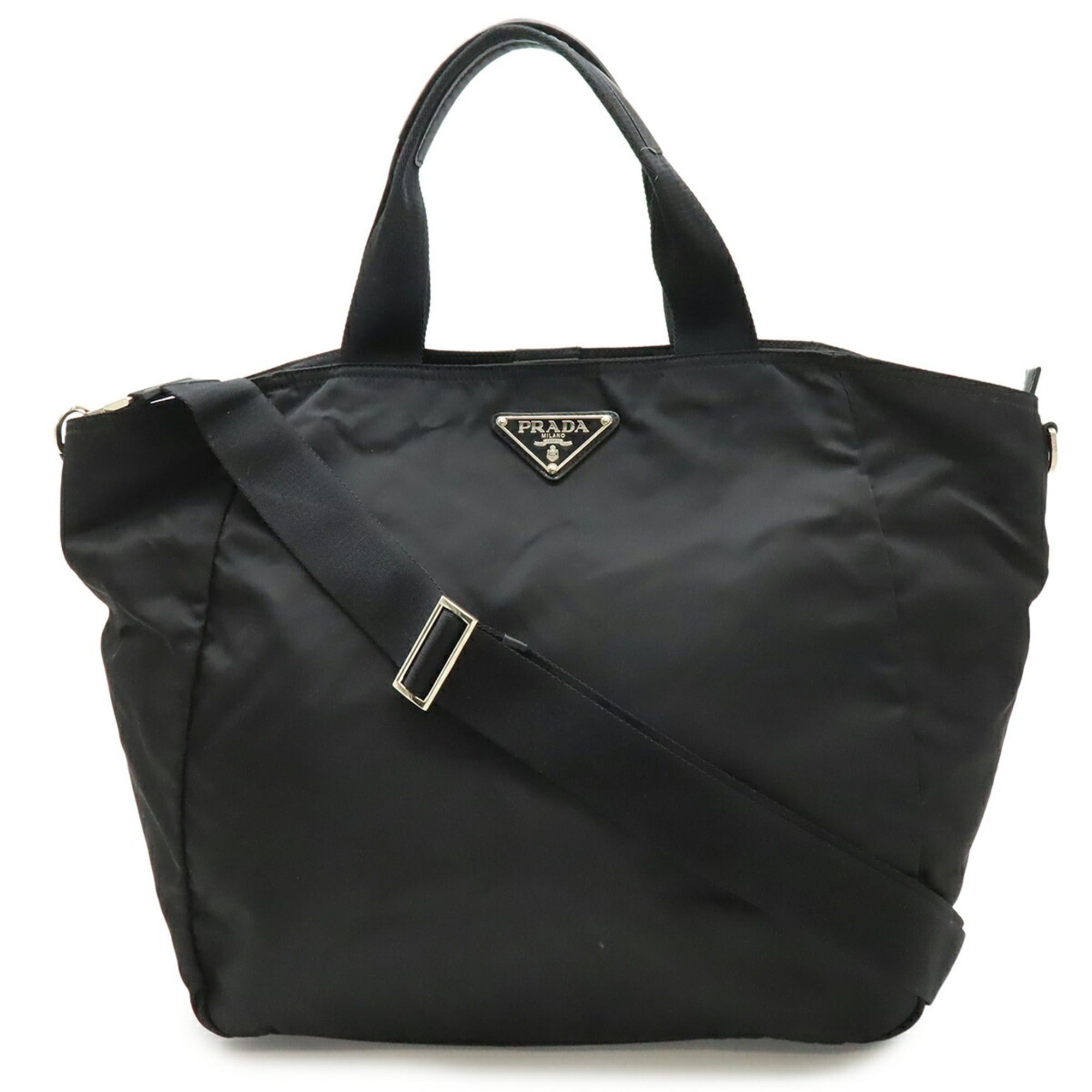 Prada Triangle Tote Bag, Large Shoulder Nylon Leather, Nero Black, Br4051, Women's