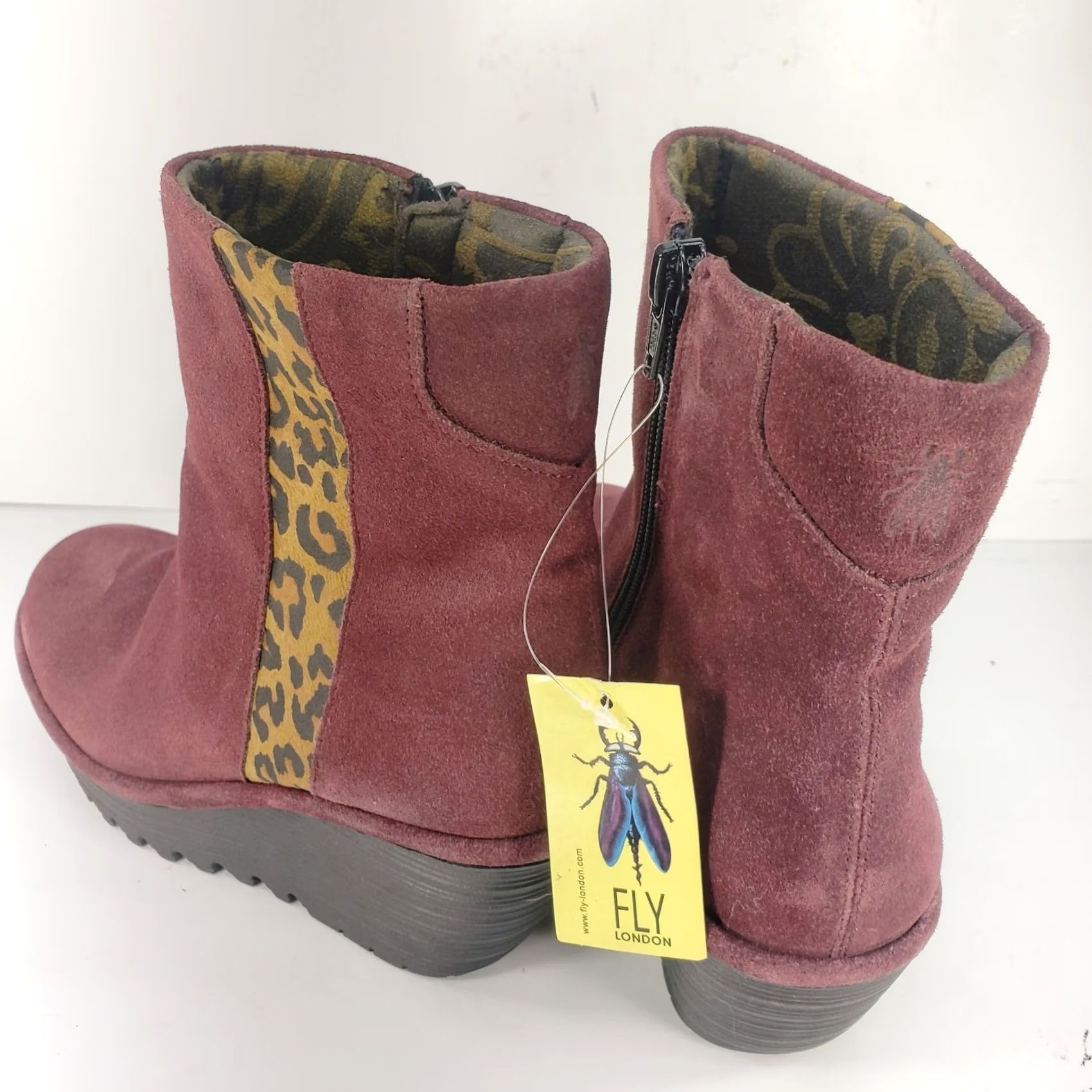 Fly London FLY London Suede Ankle Bootie Burgundy Leopard Stripe Wedge 37 UK 6-6.5 Women Size US 6.5 / IT 36.5 - 5 Thumbnail