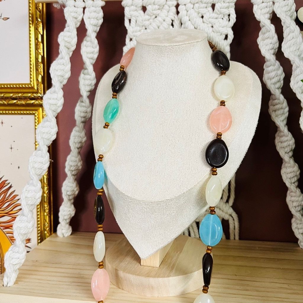 Jewelry Multicolor Acrylic Beaded Necklace Blue Pink Brown Long Size ONE SIZE - 2 Thumbnail