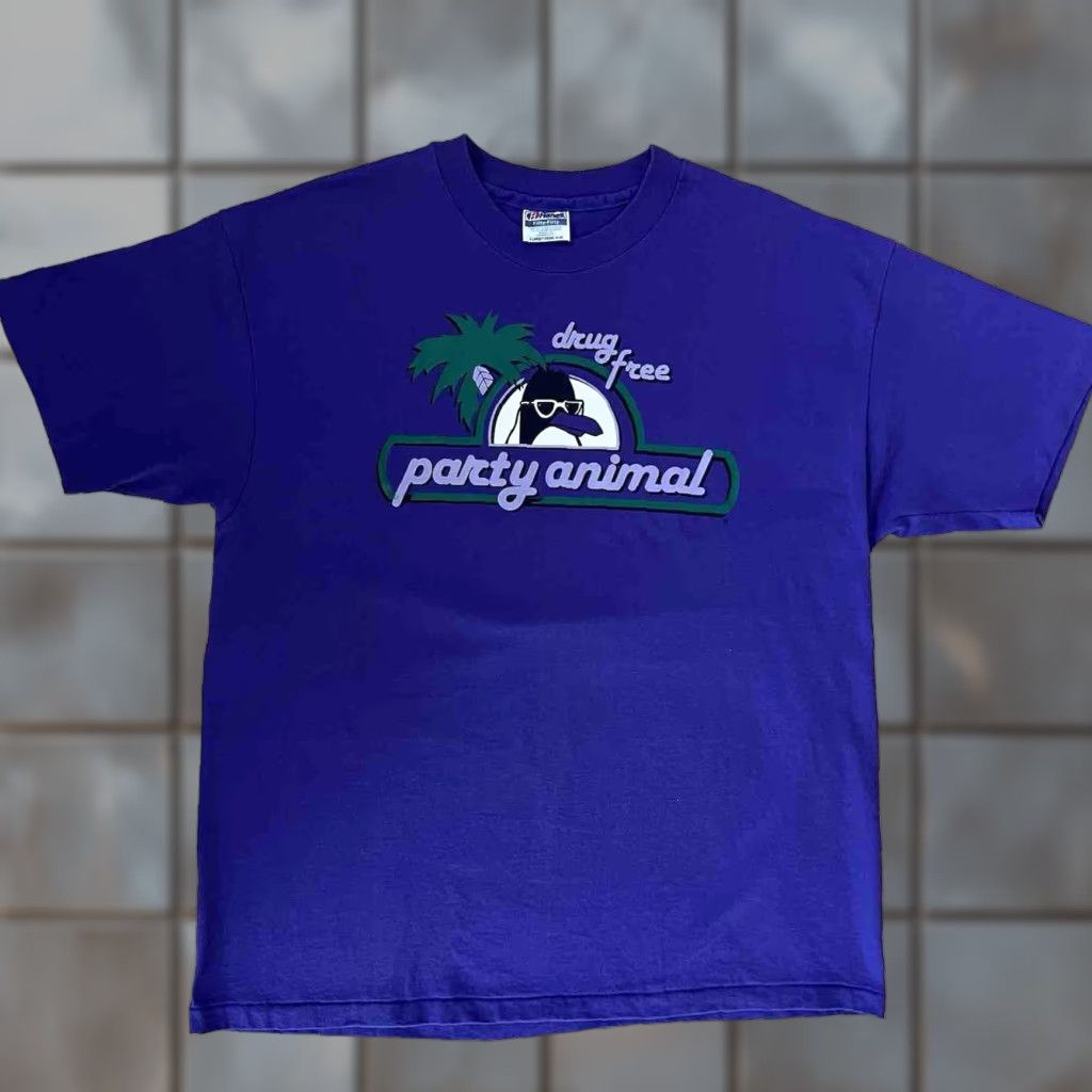 Vintage VINTAGE Drug Free Shirt XL Purple 90s Party AnimalFunny Penguin Art Glam Shirt Mens 90s USA Graphic Print Cotton Knit Short Sleeve Crew Neck Vintage Size US XL / EU 56 / 4 - 1 Thumbnail