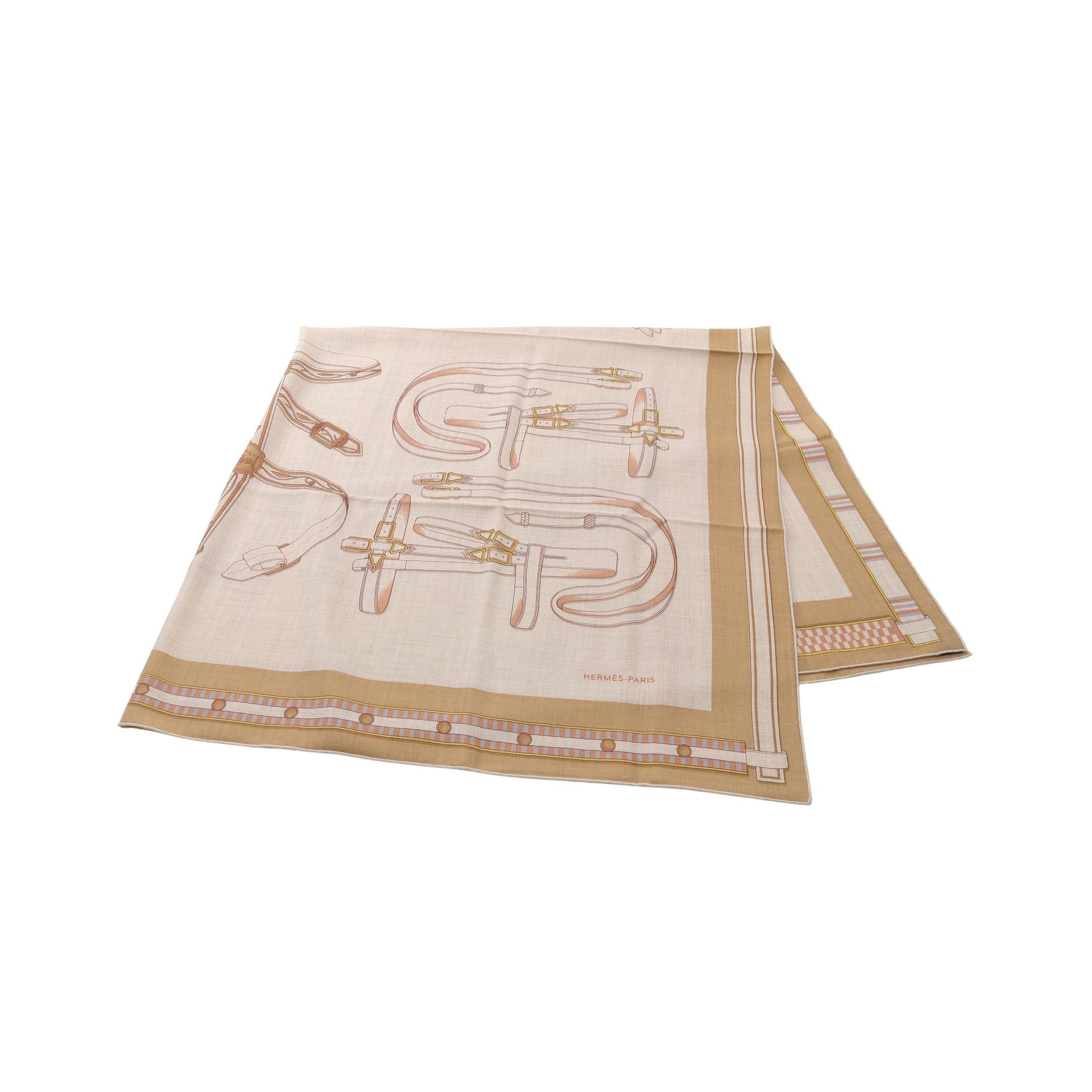 Hermes Hermes Carréjean Carres 140 Lettres Equestres Scarf Shawl Cashmere Silk Beige Multicolor Size ONE SIZE - 1 Thumbnail