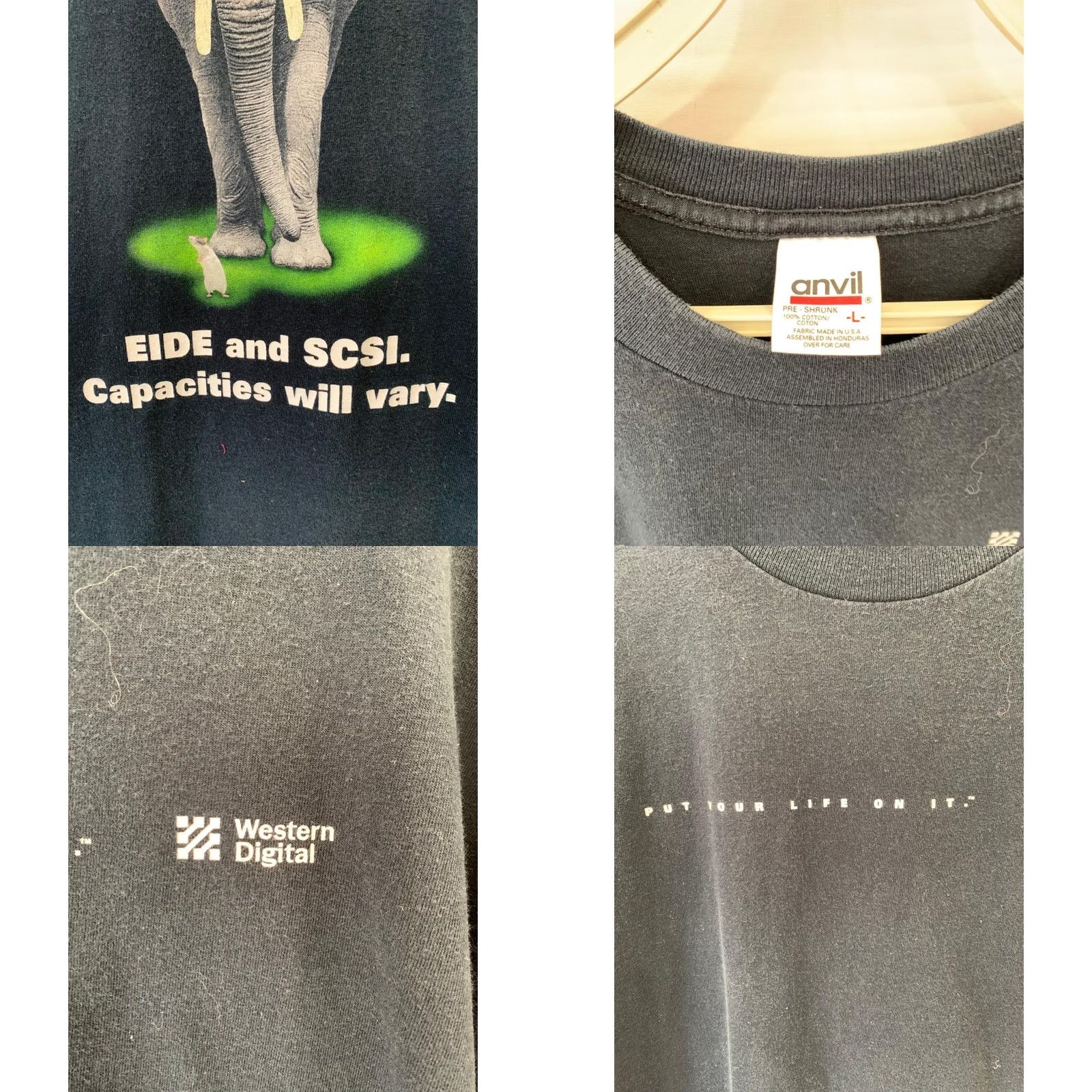 Anvil VINTAGE Western Digital T-Shirt Elephant SCSI EIDE Tech Promo Black Anvil L#83 Mens Adult Large Short Sleeve Graphic T-Shirt WT Size US L / EU 52-54 / 3 - 8 Thumbnail