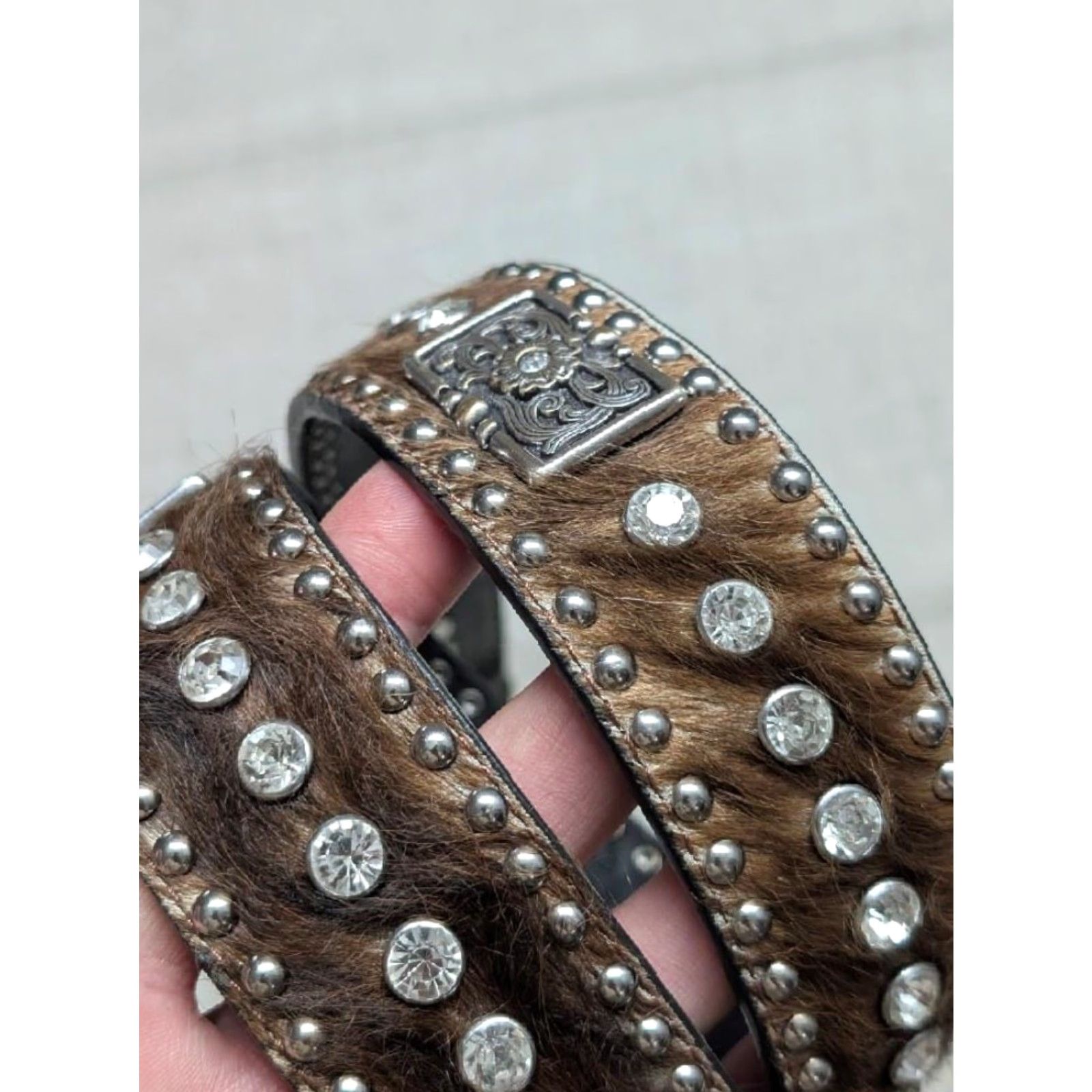 Vintage VINTAGE Ranger Western Belt belt Men 42 Brown Leather Studded Rhinestone Cowhair Concho 1-1/2" Western 90s Mens Size 42 - 6 Thumbnail