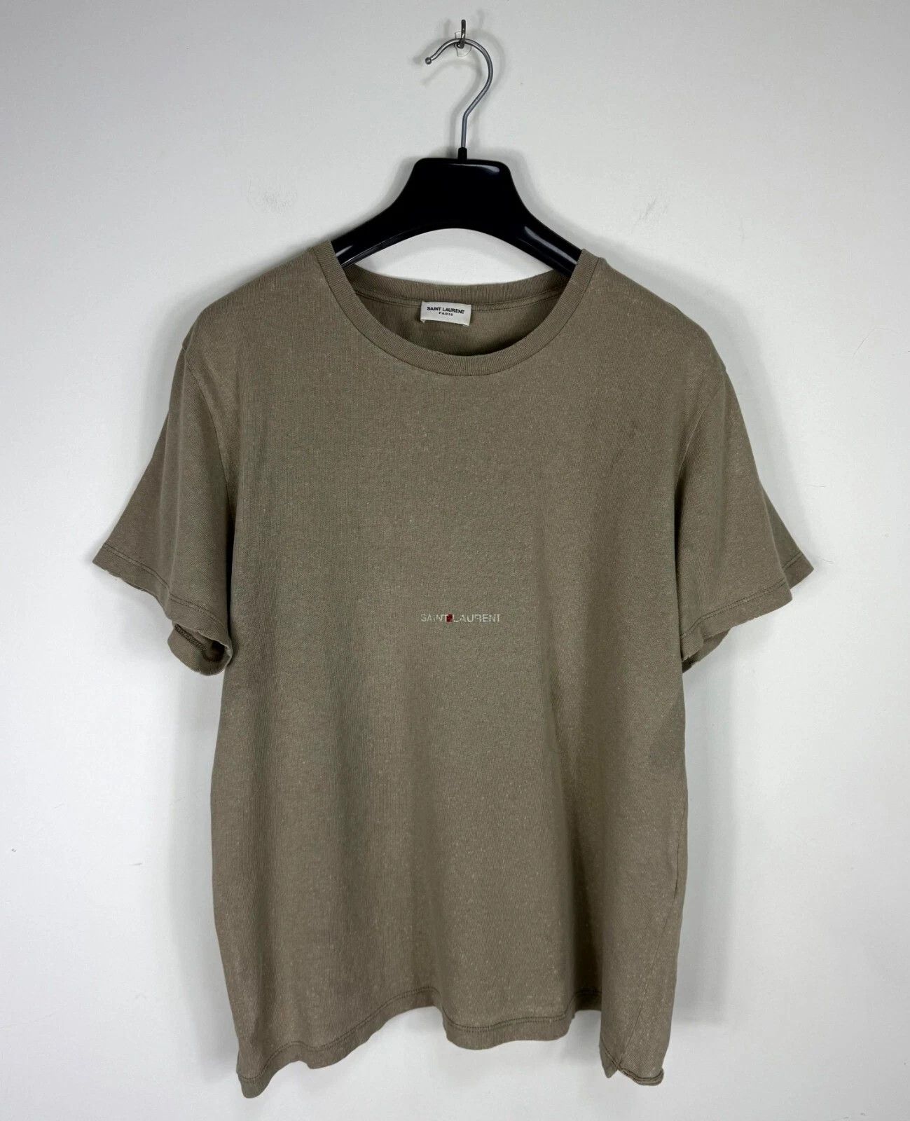 Saint Laurent Rive Gauche Logo Distressed Green T-Shirt