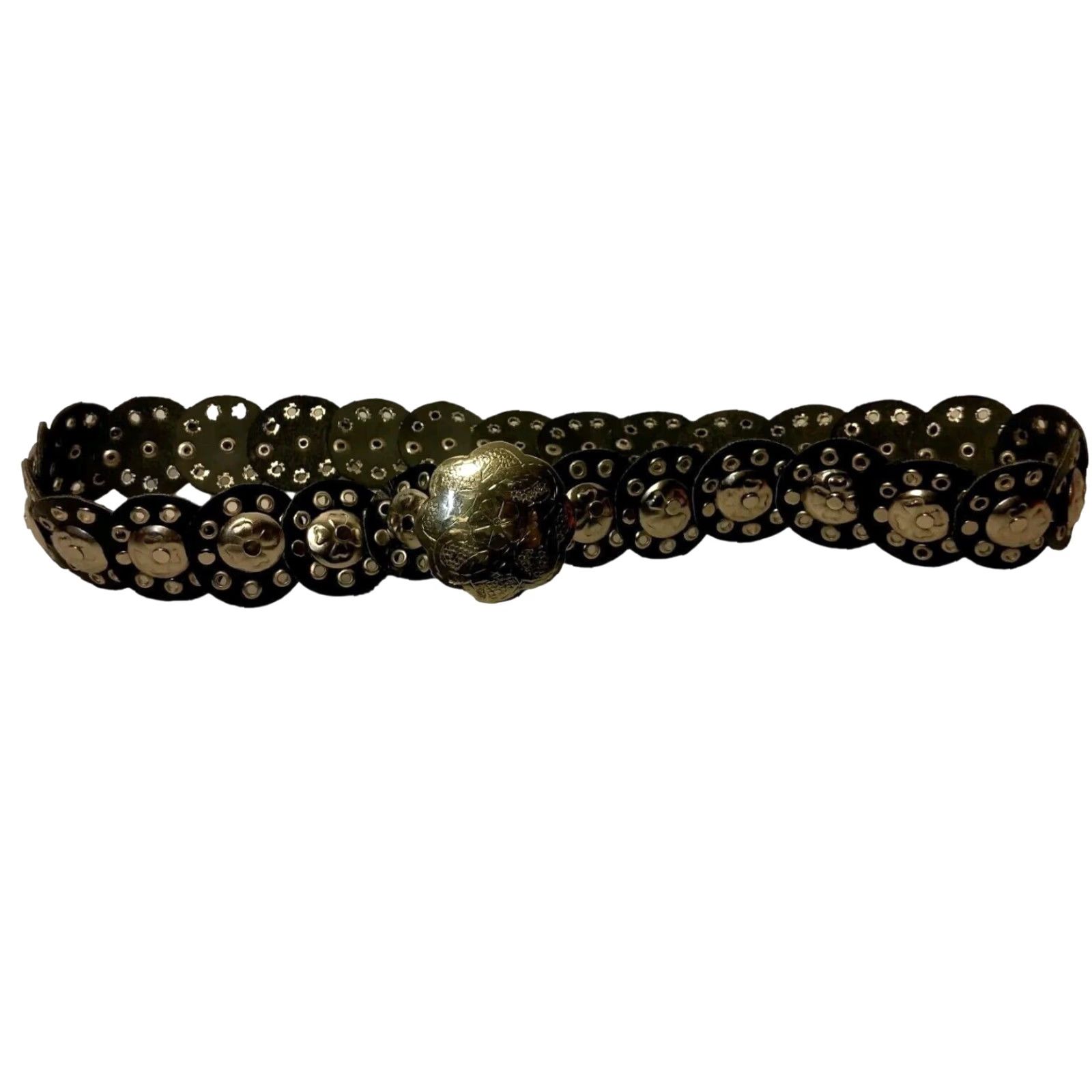 Vintage VINTAGE Clover Belt Unisex Black Leather Round Grommet 4 Leaf Clover Coin 2" ROUND Belt Width Wide One Size Adjustable Women Men Size ONE SIZE - 2 Thumbnail