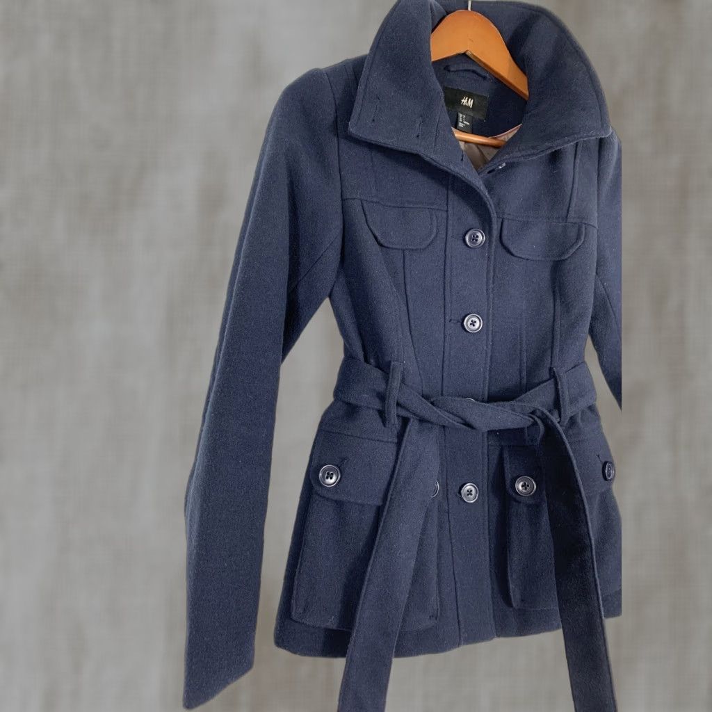 H&M HM Womens Size 4 Navy Blue Belted Button Up Pea Coat Ribbed Winter Jacket Size S / US 4 / IT 40 - 1 Thumbnail