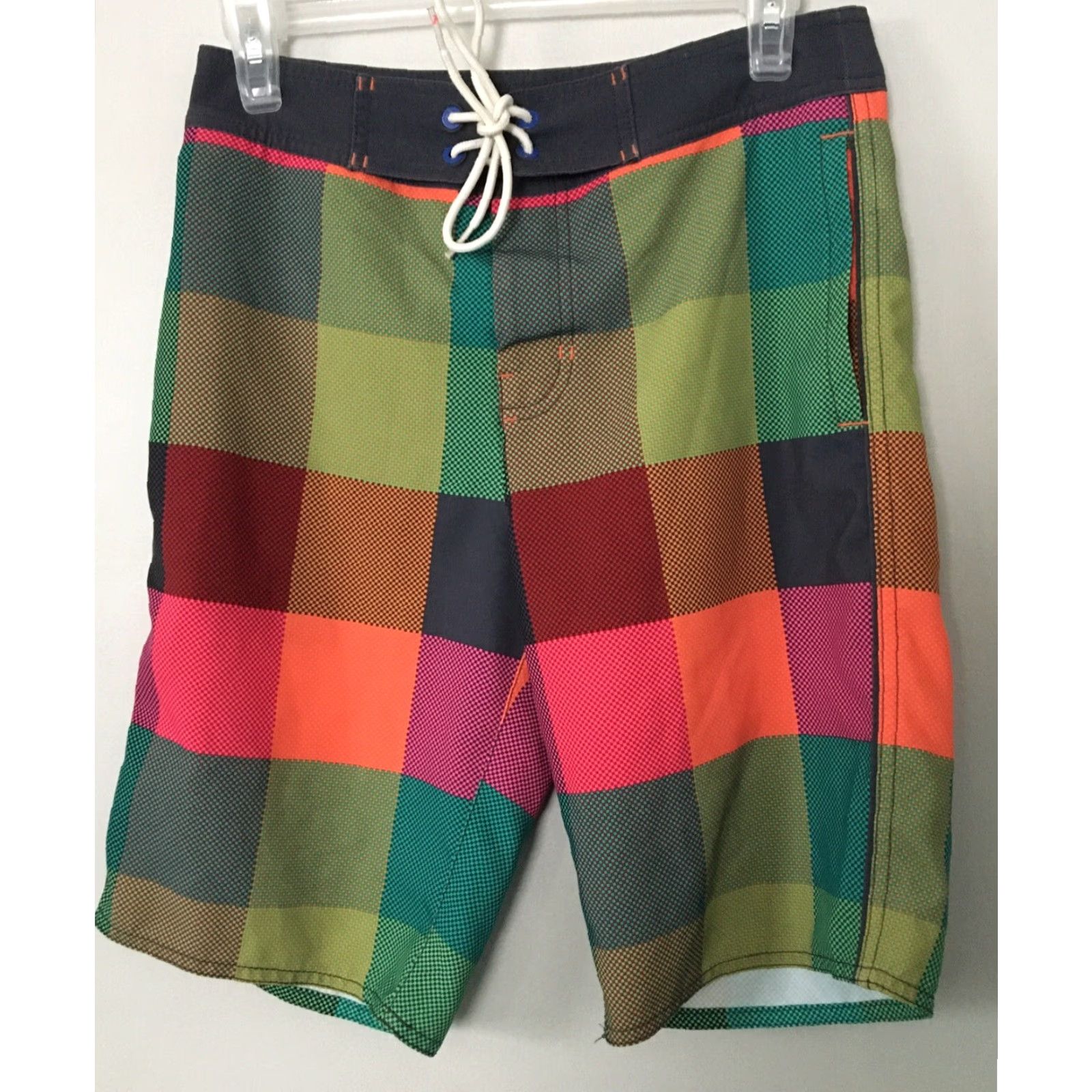 American Eagle Outfitters American Eagle Outfitters Board Shorts Men XS Color block Neon Plaid Swim Trunks Microfiber Polyester Beach Pockets Regular Multicolor Mens XS Size US 27 - 2 Thumbnail