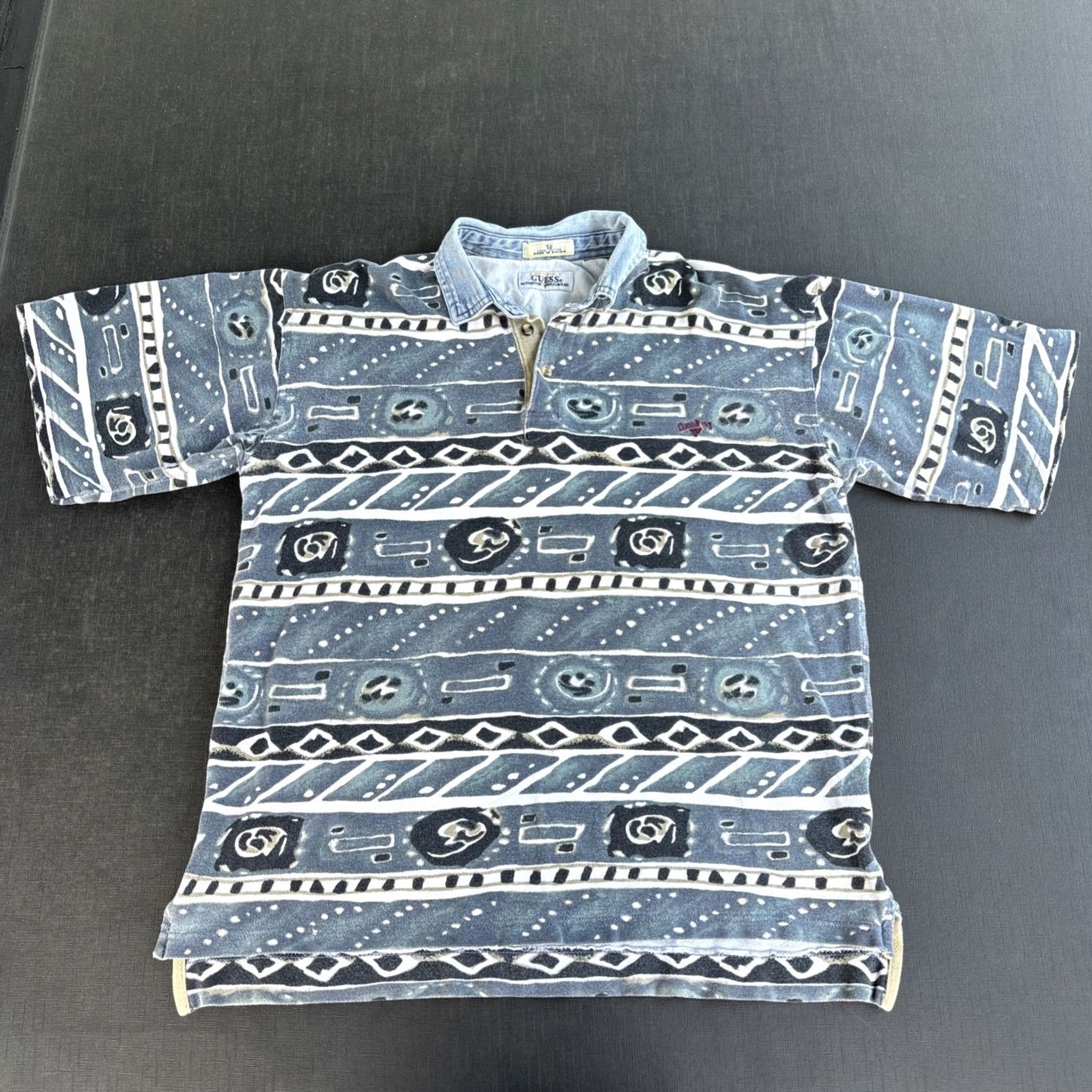 Guess VINTAGE GUESS Polo Shirt Denim Collar Geometric Short Sleeve 90s AOP M/L Mens Size US M / EU 48-50 / 2 - 2 Thumbnail