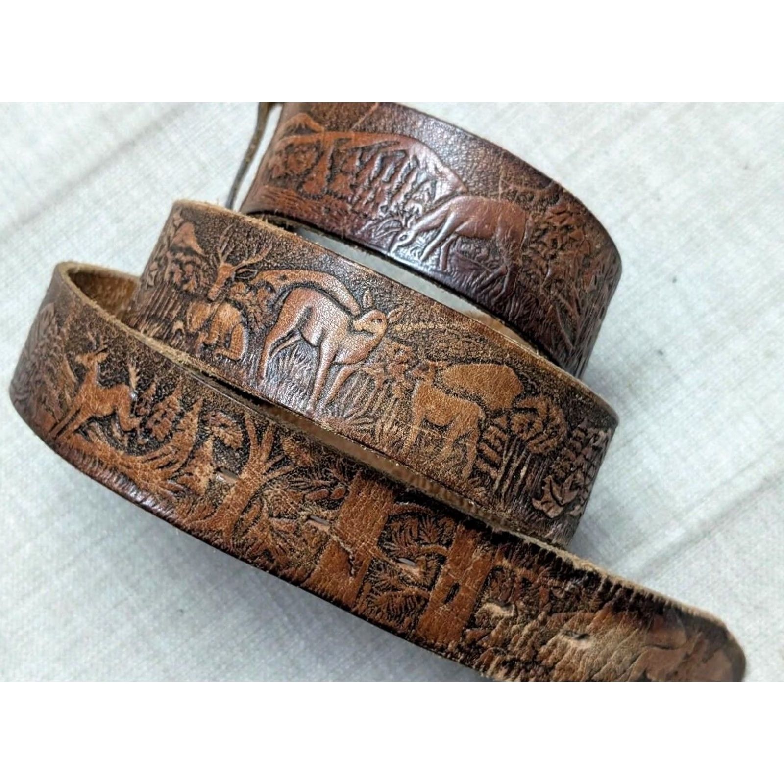 Vintage VINTAGE Handcrafted western belt Tooled cowhide Full Grain Leather 38 1-1/2" brown deer buckle Men Leather Belt USA Made Size 38 - 2 Thumbnail