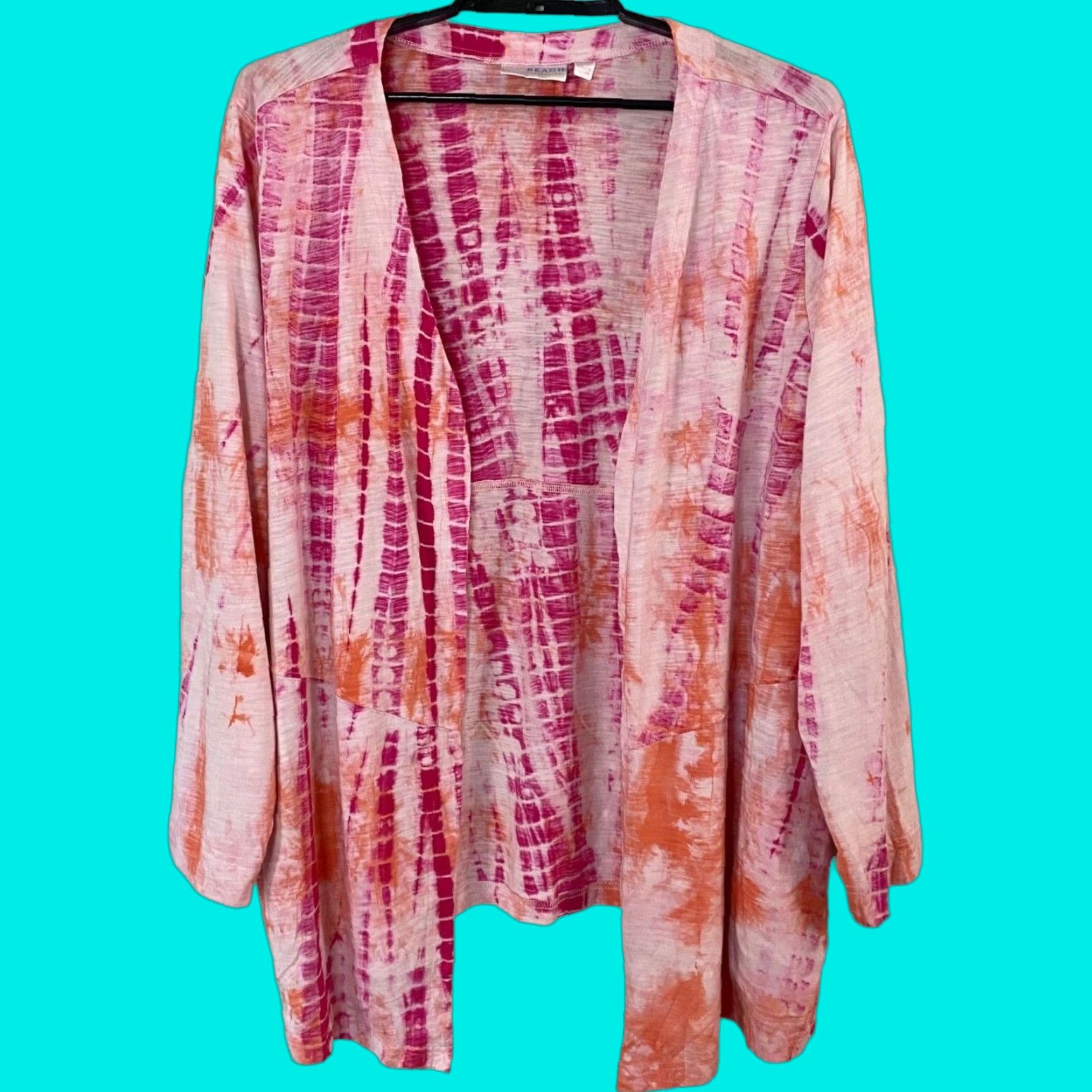 Vintage Belle Beach by Kim Gravel Tie-Dye Slub Knit Cardigan Sweater Pink Womens 4X Plus Size Open Pockets Beach Casual 60% Cotton 40% Modal Size XXL / US 16-18 / IT 52-54 - 1 Thumbnail