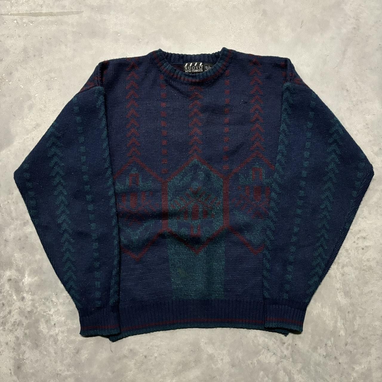 Japanese Brand × Vintage Crazy Vintage 90s Navy Blue Pattern 100% Acrylic Knit Sweater! Size US L / EU 52-54 / 3 - 1 Thumbnail