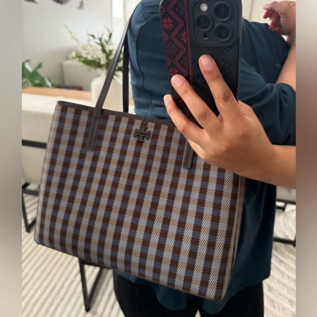 Tory Burch Tory Burch Blake Plaid Zip Tote Blue Multi Woven Nylon Size ONE SIZE - 7 Thumbnail