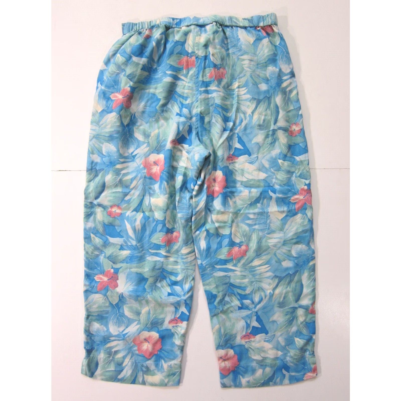 Vintage Pineapple Moon 100% Silk Capri Pant Women Small Blue Floral Hawaiian Pink 80s 90s Wide-Leg Pockets Zip Button Dressy Casual Size 28" / US 6 / IT 42 - 6 Thumbnail