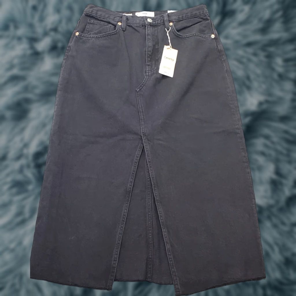 Vintage MNG Anais Midi Skirt Womens Size L Black Denim Vented Front Raw Hem High Waist - NWT Size 36" / US 14 / IT 50 - 1 Thumbnail
