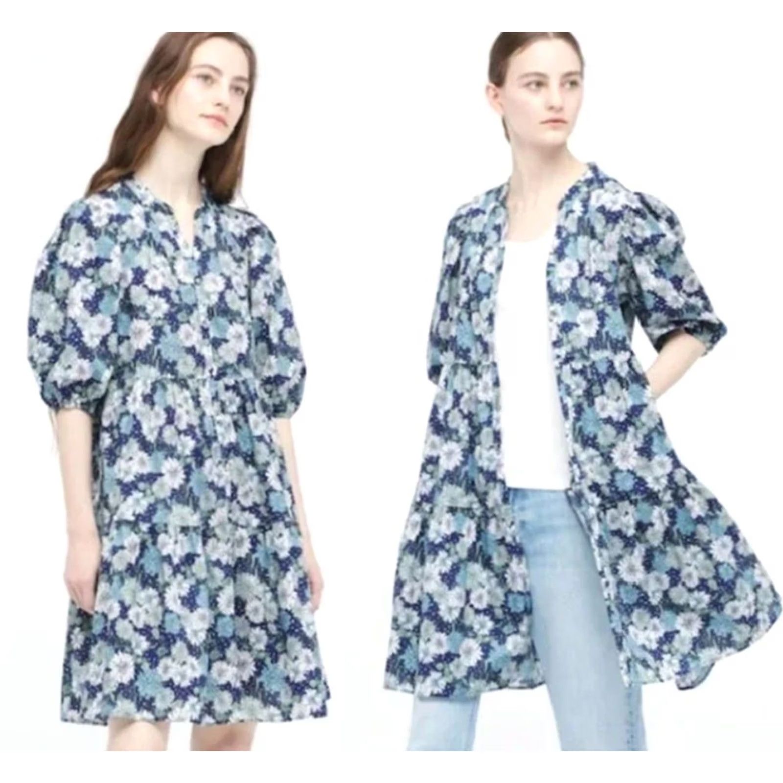 Uniqlo Uniqlo X Paul & Joe Shirt Dress Navy Blue Floral L Womens Puff Sleeve Midi Size L / US 10 / IT 46 - 7 Thumbnail