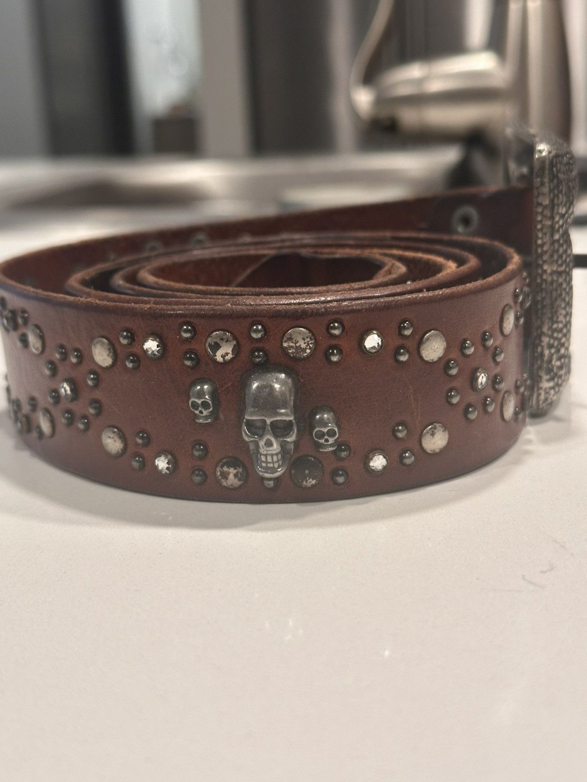Other Vintage Brown Skull Studded Leather Belt (Size 36) Size 36 - 3 Thumbnail