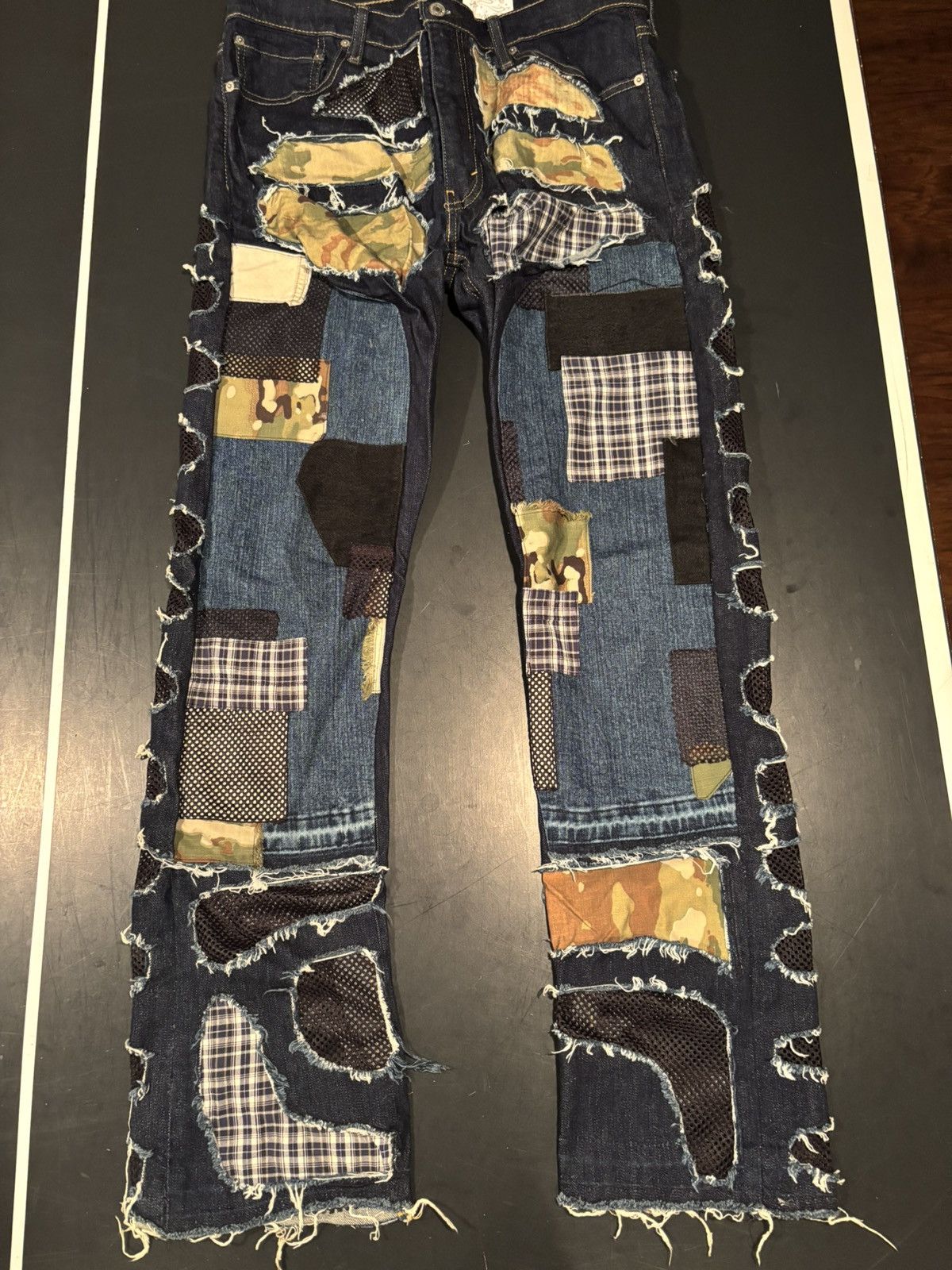 Other Custom Distressed Patchwork Double Knee Dark Blue Denim Size US 32 / EU 48 - 1 Thumbnail