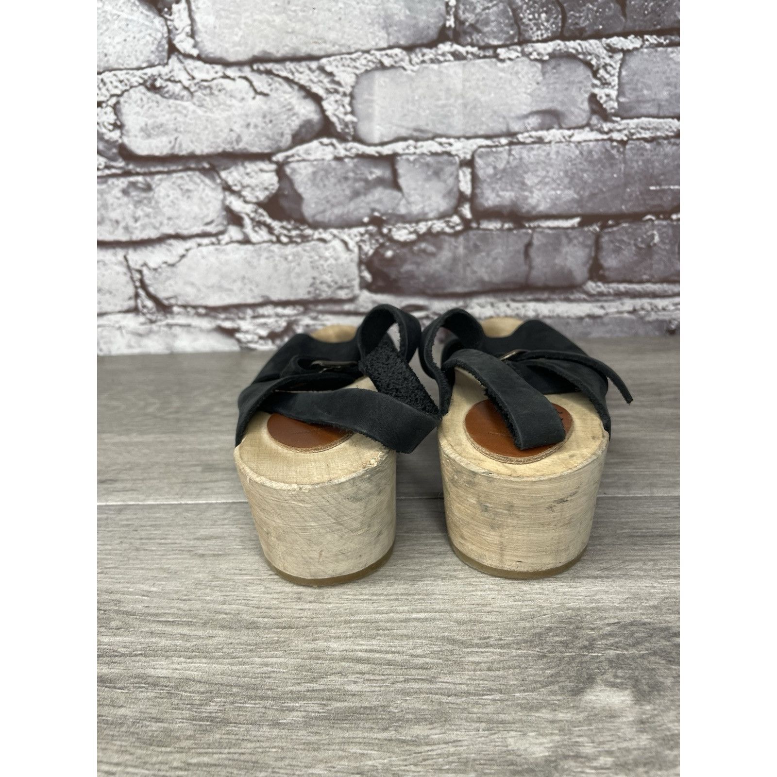 Other Mabo Black Leather Peep Toe Strap Sweden Clogs Heel Sandals Size US 4 / IT 34 - 3 Thumbnail