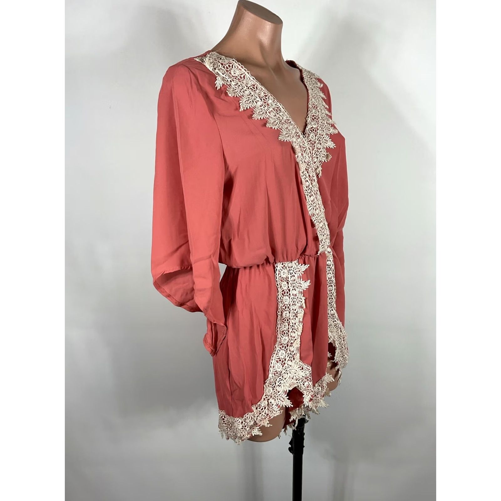 Vintage Poetry Coral Pink boho romper Jumpsuit Deep V lace detail Women's S Festival Size 28" / US 6 / IT 42 - 5 Thumbnail