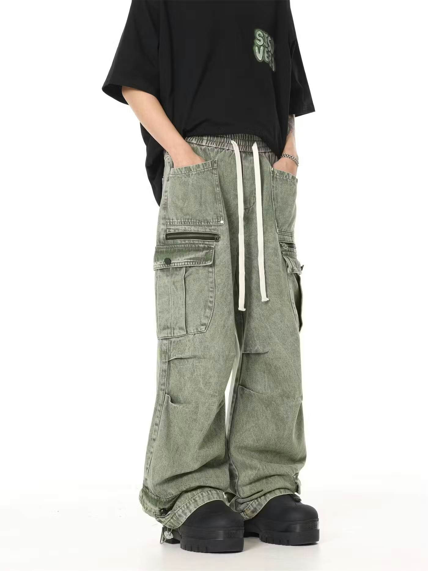 Image of Vintage Baggy Flared Skate Hiphop Cargo Jeans in Faded Green, Men's (Size 34)