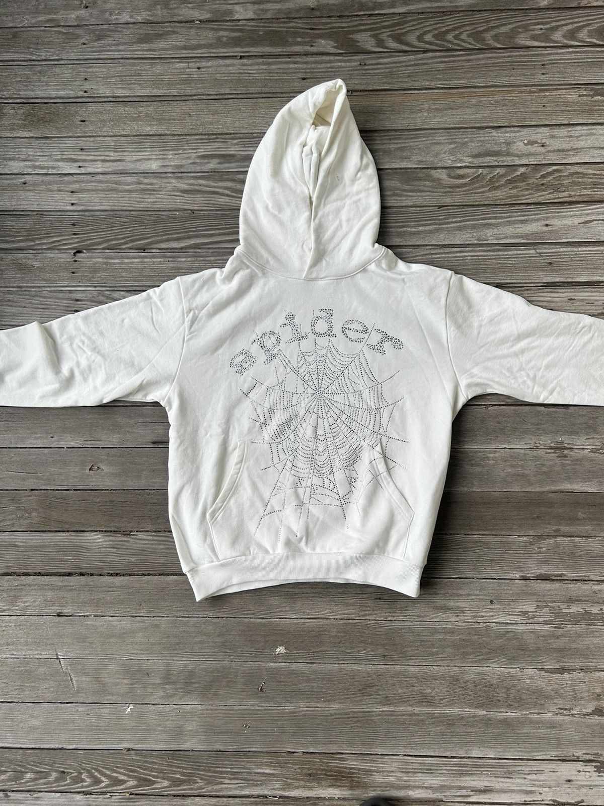 image of White Rhinestone Sp5Der Hoodie, Men's (Size Medium)