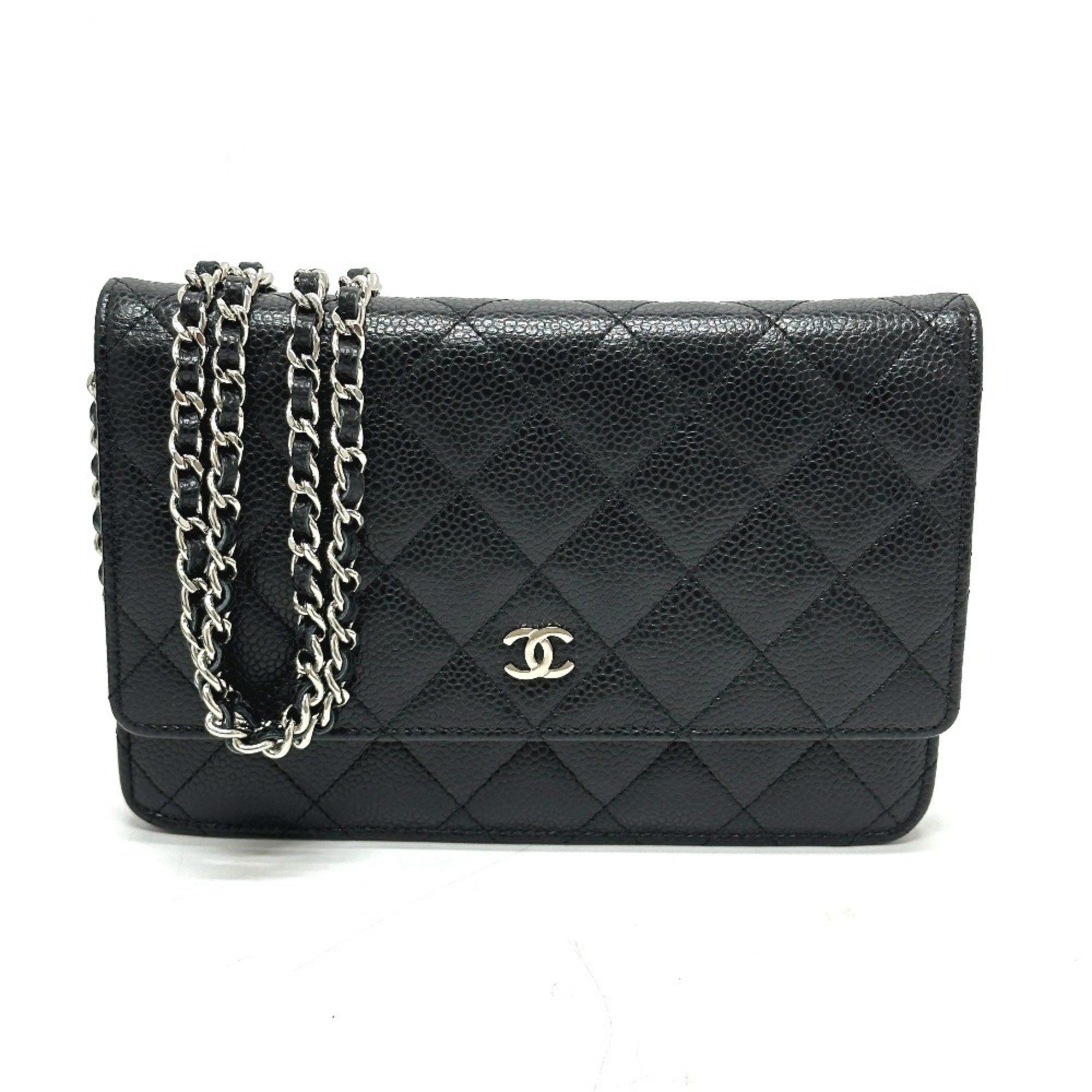 Chanel Ap0250 Matelasse Coco Mark Classic Chain Wallet Crossbody Bag Shoulder Caviar Skin Women's Black