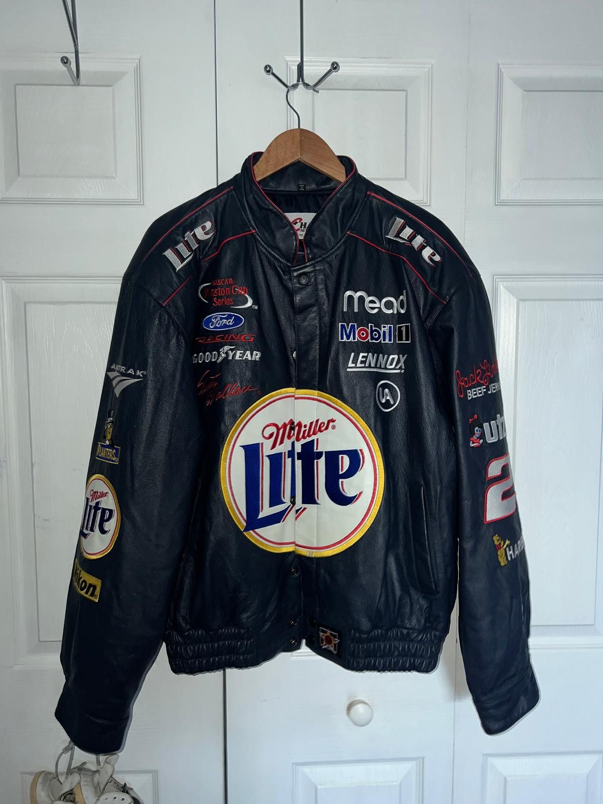 Chase Authentics Miller Lite Vintage NASCAR Navy Leather Jacket Size US L / EU 52-54 / 3 - 1 Thumbnail