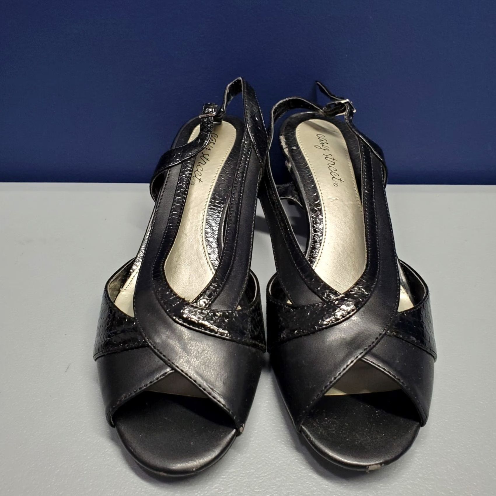 Vintage Easy Street Black Victorian Heels Womens Size 10M Slingback Open Toe Manmade Size US 10 / IT 40 - 2 Thumbnail