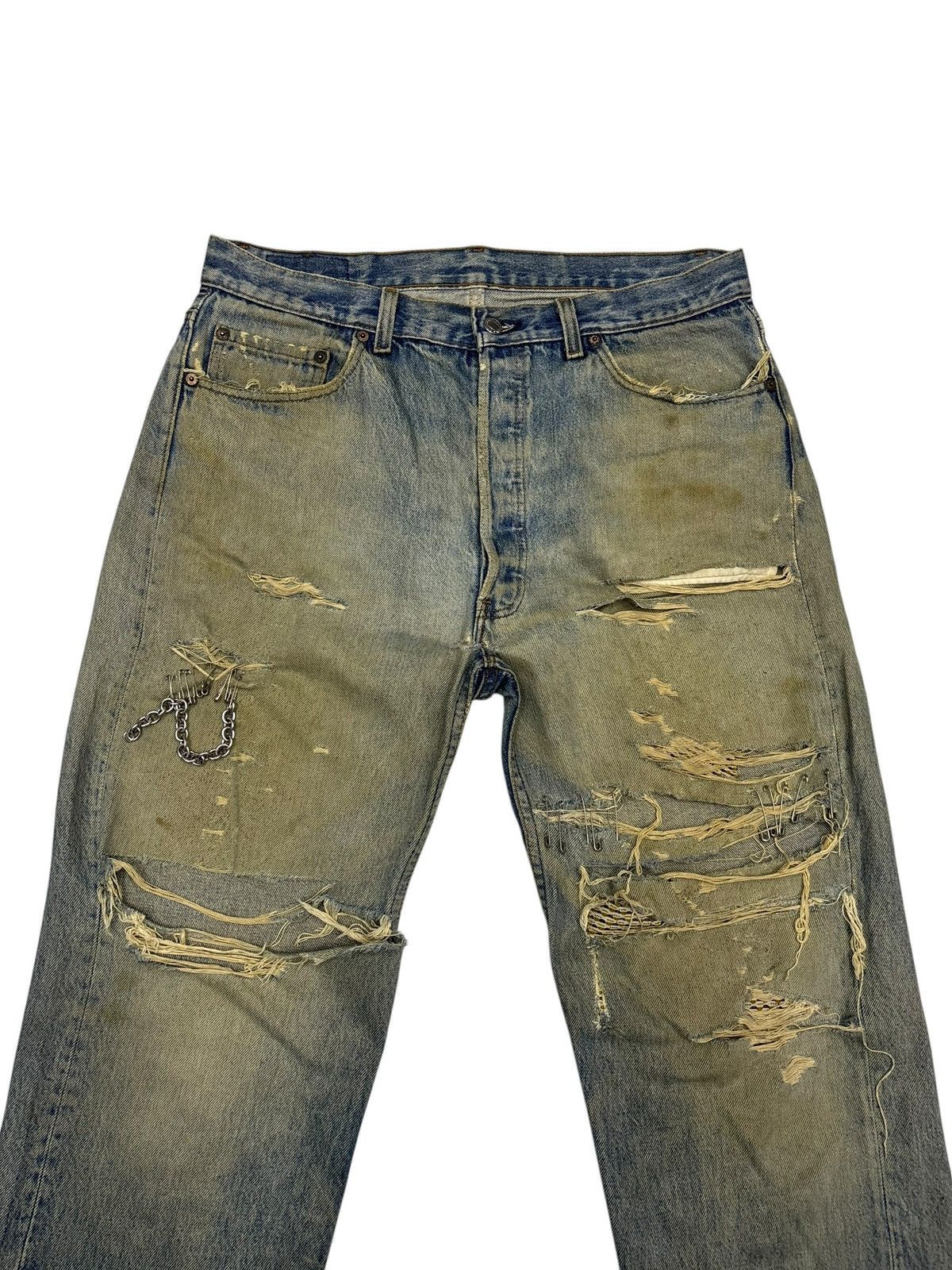 Kapital THRASHED LEVIS 501⛓️‍💥 CHAIN PUNK MUD WASH DISTRESS DENIM JEANS Size US 34 / EU 50 - 5 Thumbnail