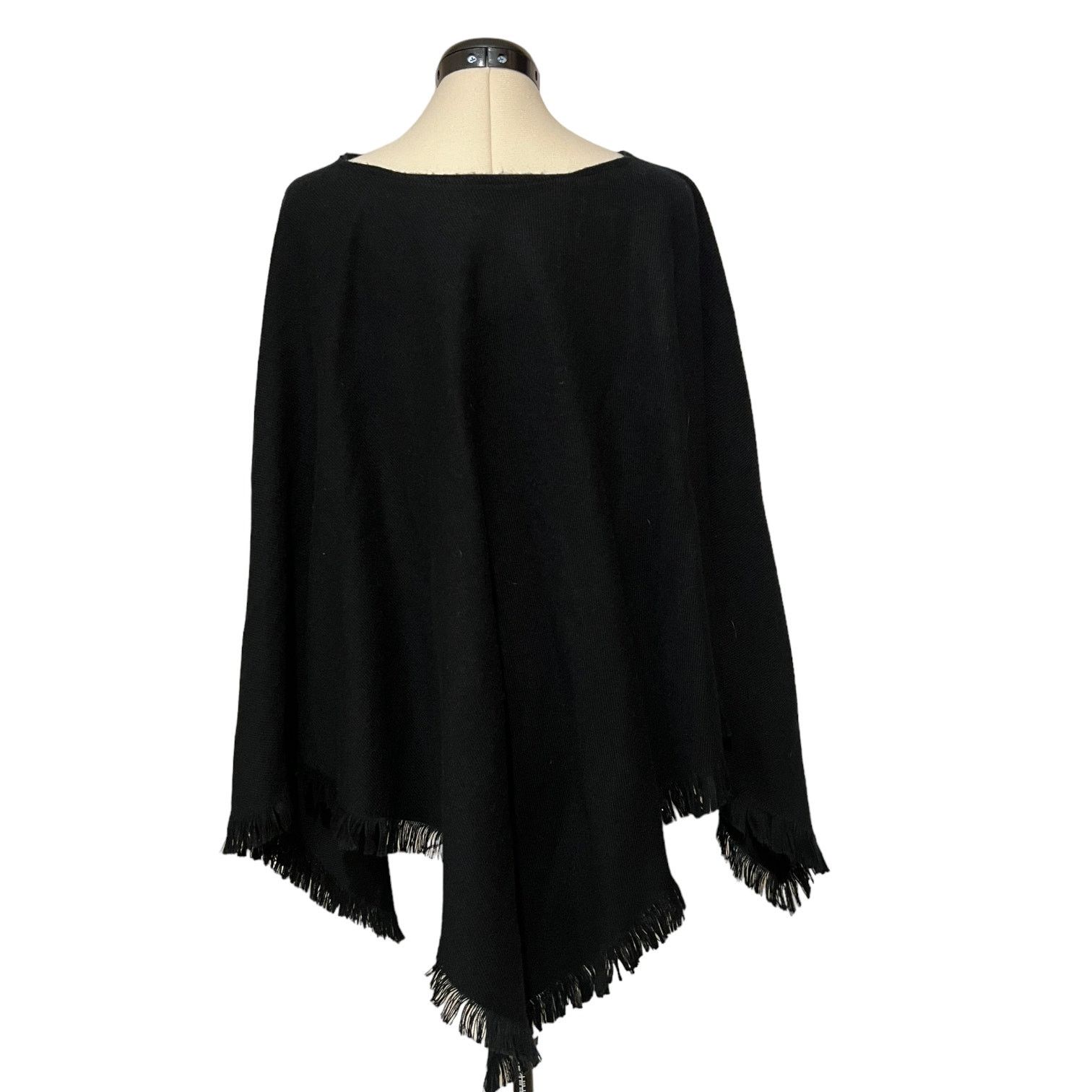 Other Wool Touch Acrylic Basic Black V-Neck Poncho with Fringe Size ONE SIZE - 3 Thumbnail