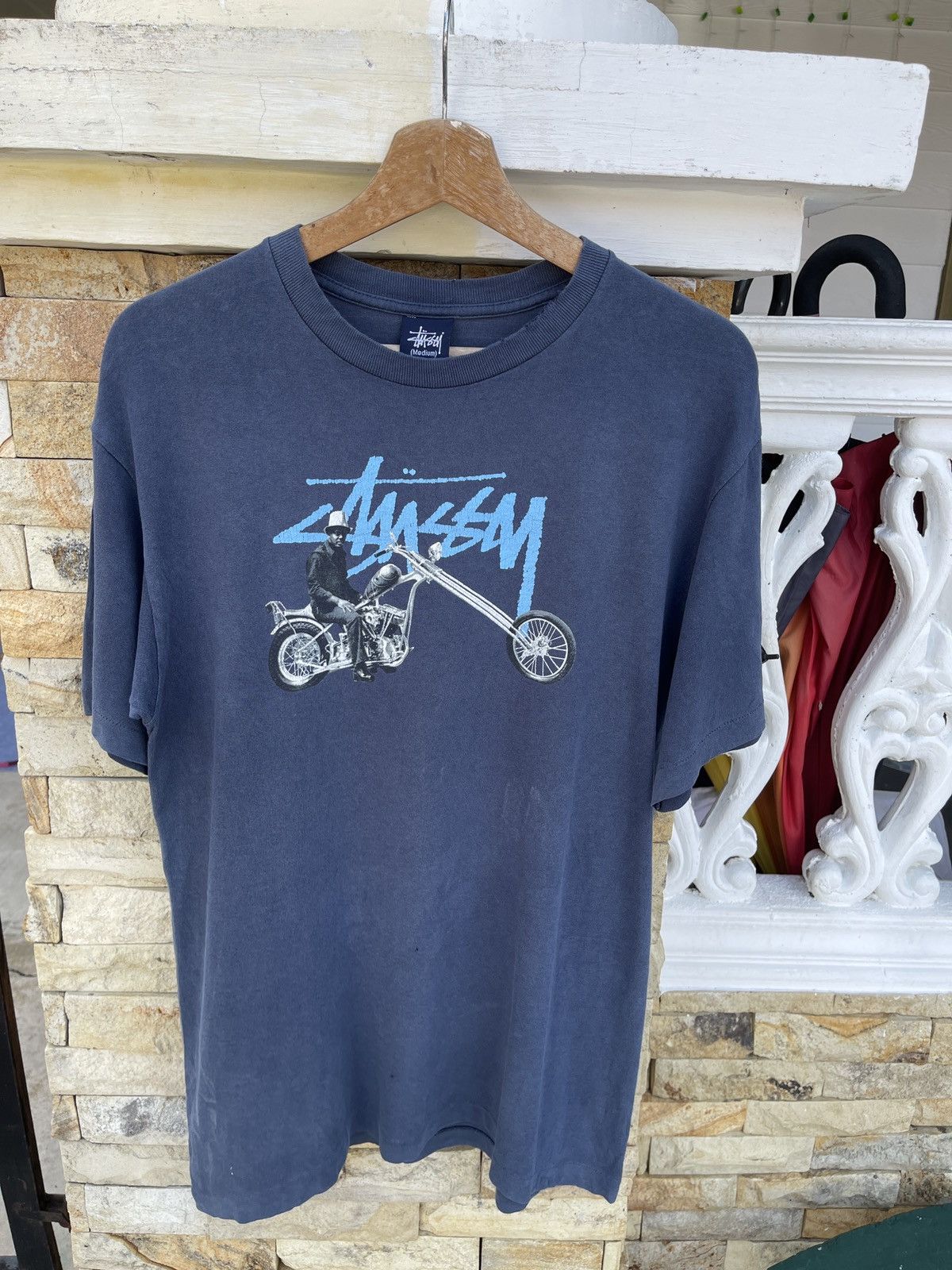 image of Choppers x Stussy vintage’90S Sun Fadedstussychopper Thrashed Tshirt in Faded Blue (Size Medium)