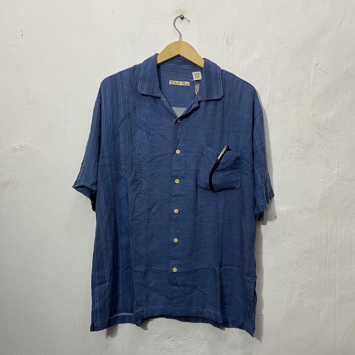 J14】90s Batik Bay 半袖シャツ 総柄 魚柄 ブルー メンズ M